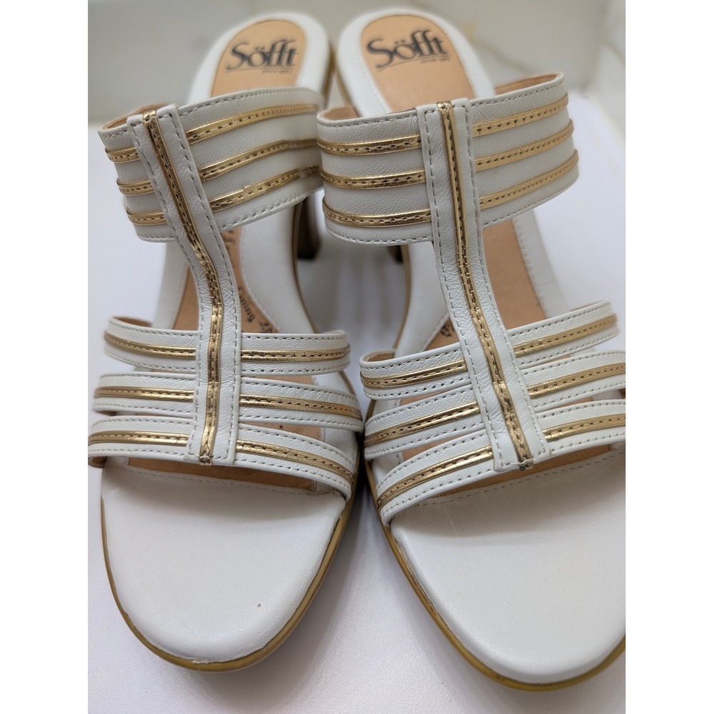 Sofft Womens White Gold Leather Strappy Platform Block Heel Slide Sandals 9M